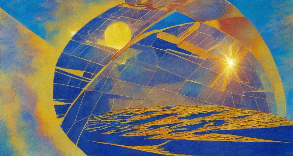 Prompt: solar sail, floating in space between the sun and earth, art deco painting