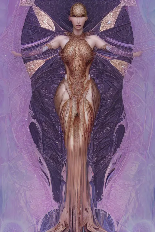 Image similar to a portrait of a beautiful ancient alien woman goddess bella hadid fairy standing in iris van herpen dress in diamonds and fractals in style of alphonse mucha art nuvo dmt trending on artstation made in unreal engine 4