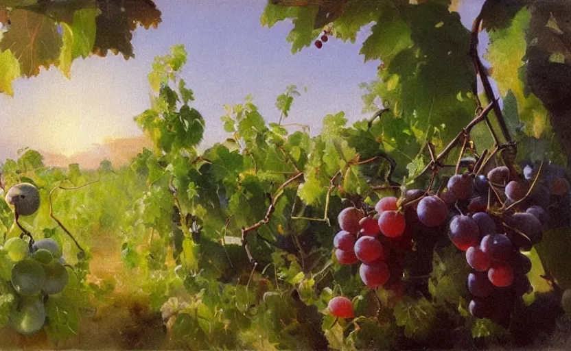 Prompt: oil painting lanscape by anders zorn, nature, fruit bush, translucent grapes, vines with backlight