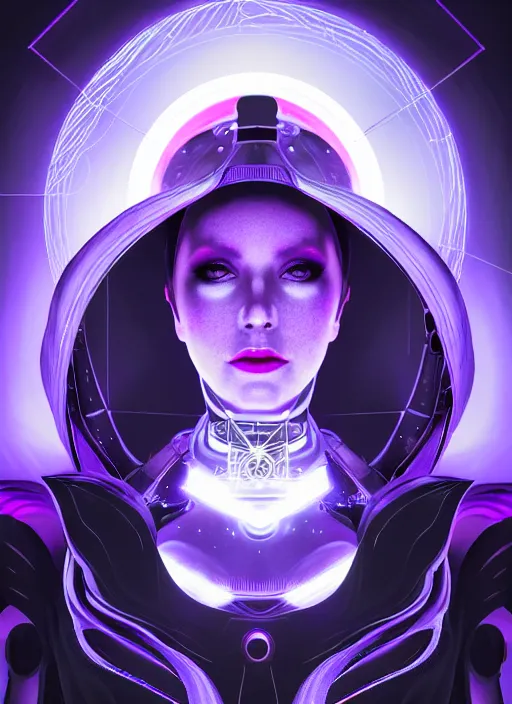 Image similar to symetrical close up portrait of lady voidstar in full high tech close fitting armor, robotic arms, glowing diagram of a swirl a pentagram and a star, intricate, elegant, purple, glowing lights, highly detailed, digital painting, artstation, concept art, smooth, sharp focus, illustration, art by wlop, mars ravelo and greg rutkowski