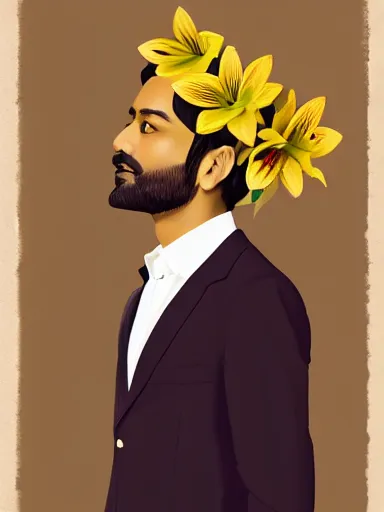 Image similar to artwork by Shimoda Hikari, of a solo individual portrait of an Indian guy with lilies, dapper, simple illustration, domestic, nostalgic, full of details, Matte painting, trending on artstation and unreal engine