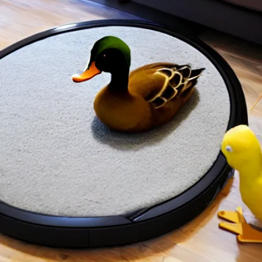 Prompt: a duck sitting on top of a roomba