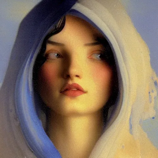 Image similar to a young woman's face, her hair is white and she wears a cobalt blue satin cloak, by ivan aivazovsky and syd mead and moebius and gaston bussiere and roger dean and pieter claesz and paul delaroche and alma tadema and aelbert cuyp and willem claesz, hyperrealistic, volumetric light, octane render