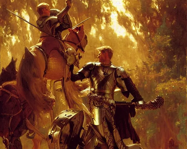 Image similar to arthur pendragon flirting wit his knight. highly detailed painting by gaston bussiere, craig mullins, j. c. leyendecker