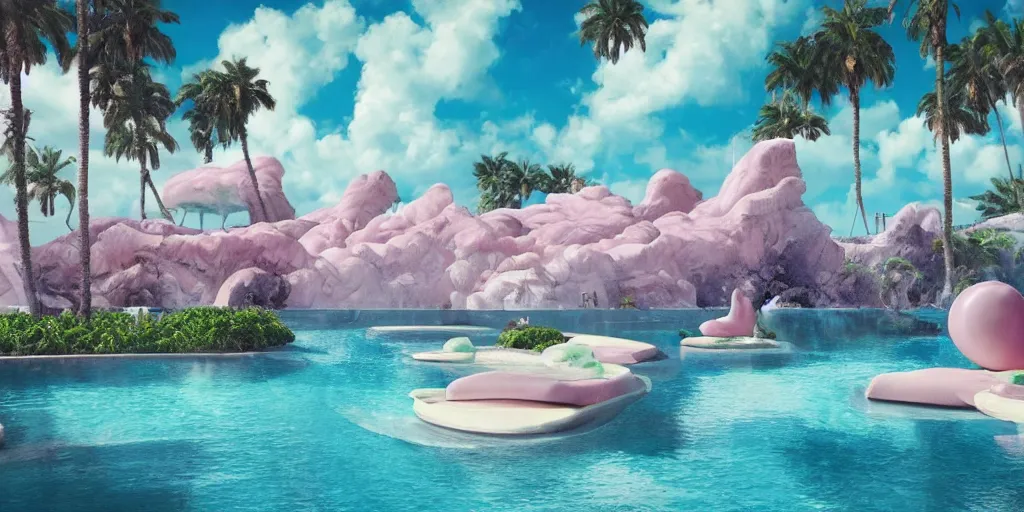 Image similar to masterpiece, hyperrealistic surrealism, award winning masterpiece with incredible details, epic stunning, infinity pool, a surreal vaporwave liminal space, highly detailed, trending on ArtStation, calming, meditative, pink arches, flowing silk sheets, palm trees, very vaporwave, very very surreal, sharp details, dreamscape