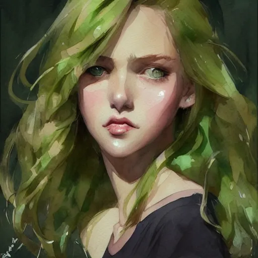 Prompt: short curly blonde haired girl, green eyes, artstation, watercolor, highly detailed, portrait, by krenz cushart