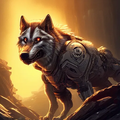 Image similar to an angry cyborg wolf apex predator. intricate, epic lighting, cinematic composition, hyper realistic, 8 k resolution, unreal engine 5, by artgerm, tooth wu, dan mumford, beeple, wlop, rossdraws, james jean, marc simonetti, artstation