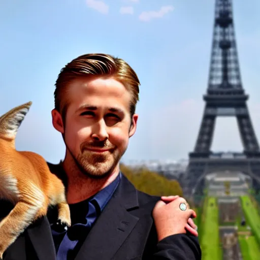 Image similar to Ryan Gosling holds a caracal cat in his hands against the backdrop of the Eiffel Tower, photography award winning