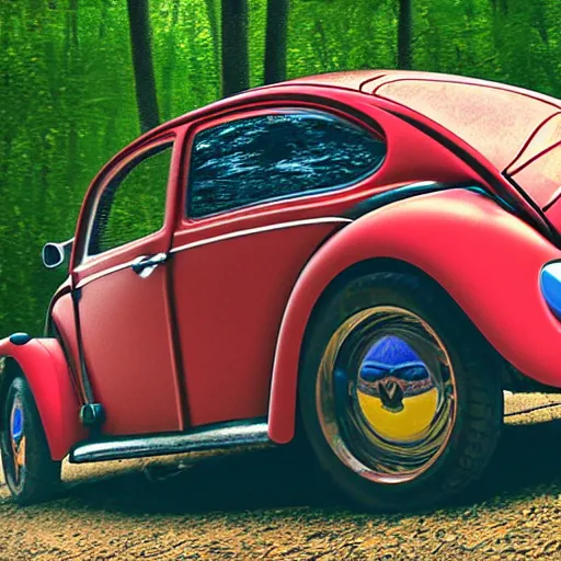 Image similar to promotional scifi - blockbuster movie scene of a ladybug imitating a'glossy volkswagen beetle '. it wings and is flying down a dusty backroad along a gentle creek in smokey mountains tennessee. cinematic, muted dramtic color, 4 k, imax, 7 0 mm, hdr