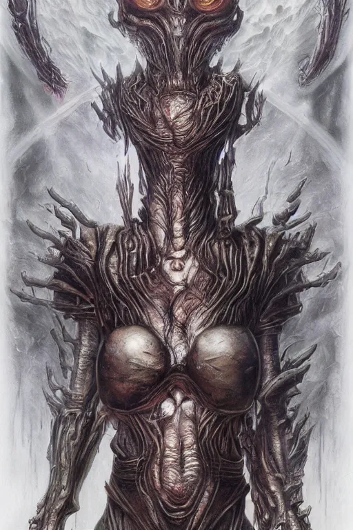 Prompt: portrait of samus metroid by hr giger and wayne barlowe as a diablo, dark souls, bloodborne monster, veiled necromancer lich bride