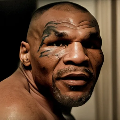 Prompt: a cinematic film still of Mike Tyson starring in The Shining, portrait, 40mm lens, shallow depth of field, close up, split lighting, cinematic