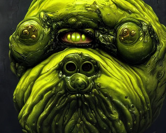 Image similar to Haunting horrifying hyperrealistic detailed painting of a fat dog canine creature made of slime, gelatinous green goop, heavy metal, disgusting, creepy, unsettling, and glowing yellow eyes, hyper detailed, trending on Artstation