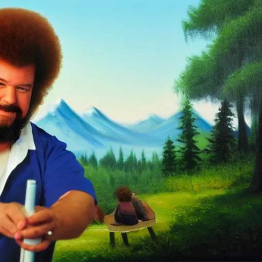 Image similar to a closeup photorealistic photograph of bob ross detailing a canvas painting of kenny powers. mountains and trees. film still. brightly lit scene. this 4 k hd image is trending on artstation, featured on behance, well - rendered, extra crisp, features intricate detail, epic composition and the style of unreal engine.