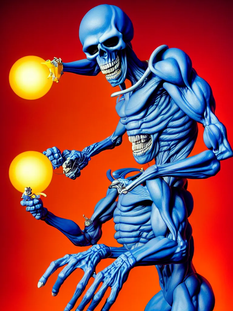 Image similar to hyperrealistic rendering, skeletor by art of skinner and richard corben and jeff easley, product photography, action figure, sofubi, studio lighting, colored gels