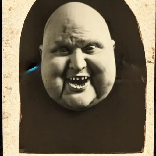 Image similar to antique photograph of an evil catholic priest, cracked and faded photo paper, morbidly obese, crazy eyes wide open, horror, staring at the camera with hate, headshot, dark background, low light, dark