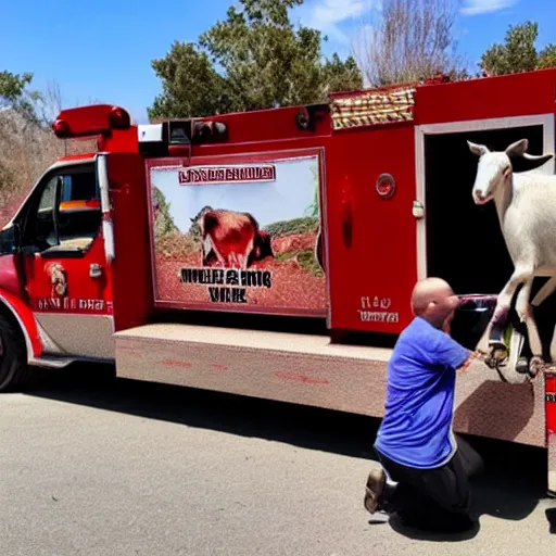 Image similar to a jew milking a goat in a fire truck