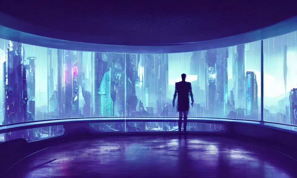 Image similar to a futuristic bedroom with large curved ceiling high windows looking out to a far future cyberpunk cityscape, a mna standing at the window, cyberpunk neon lights, raining, scifi