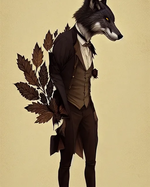 Image similar to anthropomorphic art of a detective wolf, victorian inspired clothing by artgerm, victo ngai, ryohei hase, artstation. fractal paper, leaves. highly detailed digital painting, smooth, global illumination, fantasy art by greg rutkowsky, karl spitzweg