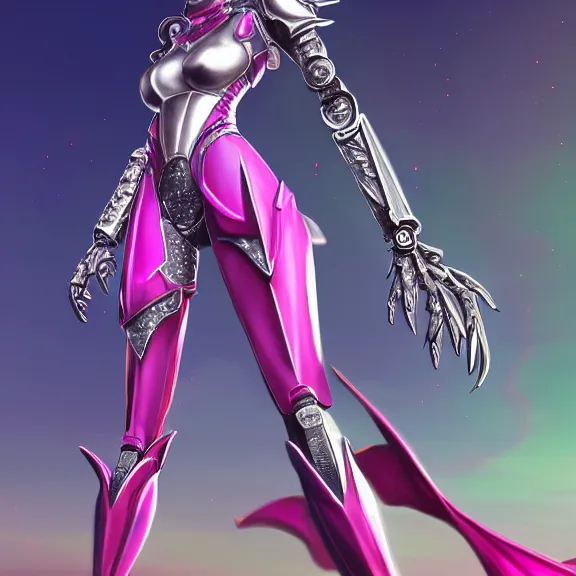 Image similar to extremely detailed giantess shot of a goddess that's a giant beautiful stunning anthropomorphic robot female dragon, standing majestically on a mountain, elegant pose, robot dragon claws, streamlined shiny silver metal armor, fuchsia skin below the armor, sharp metal claws, long elegant tail, detailed warframe fanart, destiny fanart, high quality digital art, giantess art, furry art, warframe art, furaffinity, DeviantArt, artstation, 8k HD, octane render