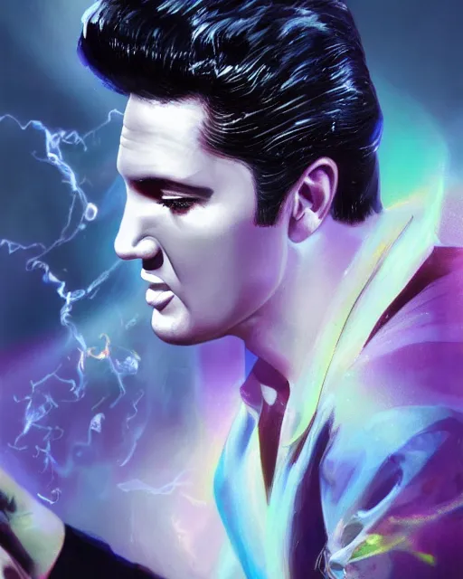 Image similar to a powerful energy elvis presley, by alexander fedosav, hyper detailed digital matte painting, concept art, hyperrealism, 1 6 k resolution, cinema 4 d, 8 k resolution, trending on artstation, behance hd, a masterpiece, by stephan martiniere, particles, power bright spotlight energy neon, by david a. hardy,