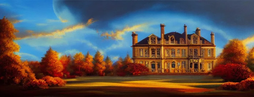 Prompt: oil landscape painting of a gigantic mansion, golden hour, ultra detailed, wallpaper, concept art, autumn, warm colors, wallpaper, 4 k, realistic lighting, brushstrokes, minimalistic, cinematic composition