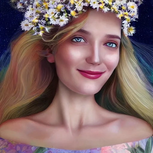 Image similar to close-up of a smiling beautiful female, blonde,, wearing a crown of daisies, beautiful happy face, ethereal, starry, space, magical atmosphere, maximalist, cinematic lighting, cinematic atmosphere, trending on artstation, cgsociety, 8k, high resolution, in the style of Faiza Maghni, David Ligare, Flora Borsi, Daniel Gerhartz, detailed intricate ink illustration, dark atmosphere, detailed illustration, hd, 4k, digital art, overdetailed art, concept art, by greg rutkowski, by loish, complementing colors, Trending on artstation, deviantart