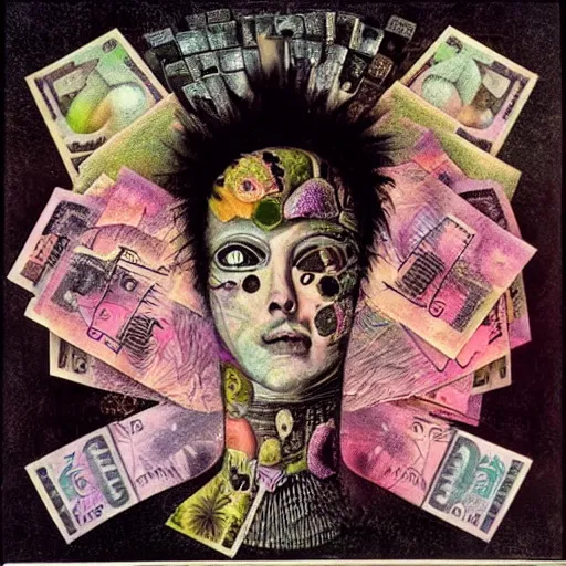 Image similar to post - punk new age album cover, asymmetrical design, dollar bank notes, capitalism, magic, apocalypse, psychedelic, black white pink, magic, giger h. r., giuseppe arcimboldo