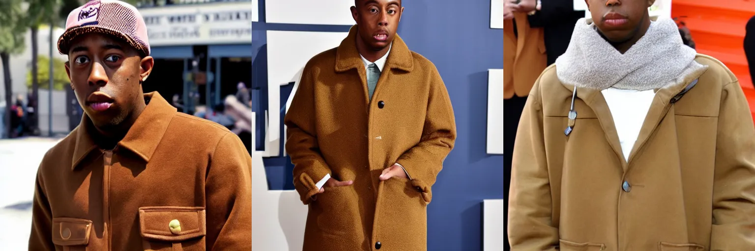 Prompt: Tyler the creator wearing a brown coat