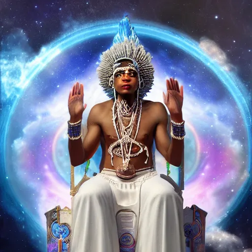 Image similar to obatala the cosmic god sitting on a throne of nebula clouds, by Adi granov and afarin sajedi in a psychedelic portrait style, ultrarealistic matte painting, volumetric lighting, piercing eyes, highly detailed face, orisha, 8k, hd