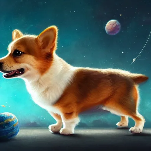 Prompt: corgi puppy in outer space, extremely detailed digital painting, hyperrealistic, lifelike, intricate, greg rutkowski, artgerm, simon stalenhag, trending on artstation, 8 k