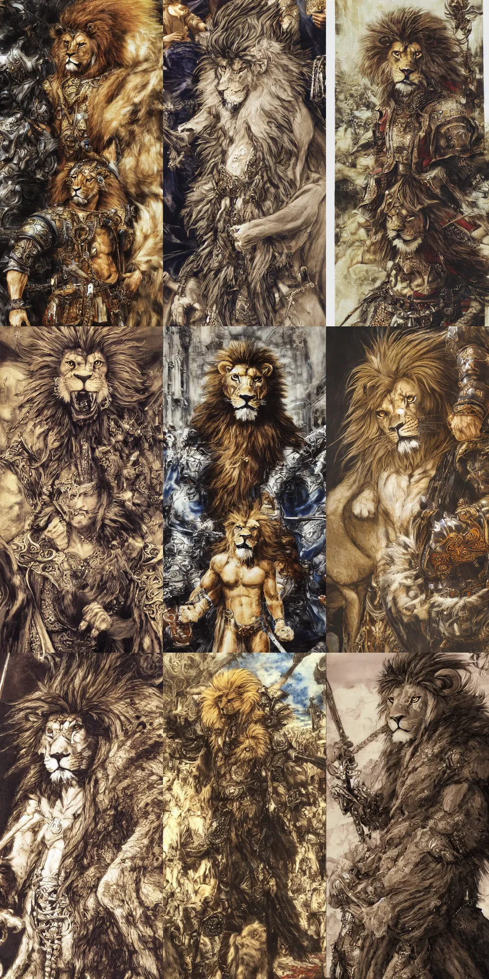 Image similar to 8 k yoshitaka amano painting of upper body of a young cool looking lion beastman with white mane at a medieval market at windy day. depth of field. he is wearing complex fantasy clothing. he has huge paws. renaissance style lighting.