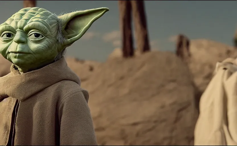 Prompt: still of Yoda in Better Call Saul (2014), cinematic, very symmetrical, shot by Wes Anderson, realistic