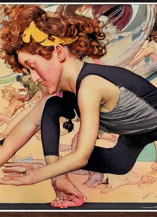 Prompt: an art nouveau copic maker close up illustration of girl doing yoga at high speed by norman rockwell and john berkey
