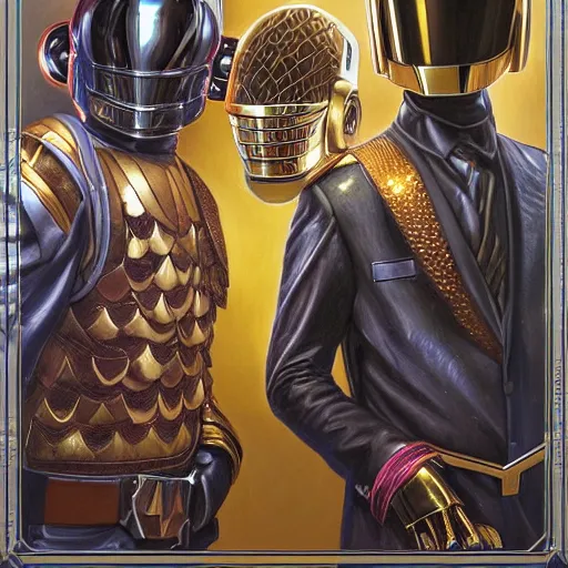 Prompt: Daft Punk as D&D characters, portrait art by Donato Giancola and James Gurney, digital art, trending on artstation