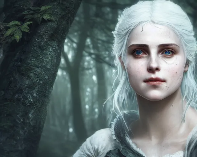 Image similar to 5 5 mm portrait photo of a real life ciri with a face scar, in a magical forest. dark atmosphere. art by greg rutkowski. highly detailed 8 k. intricate. lifelike. soft light. nikon d 8 5 0.