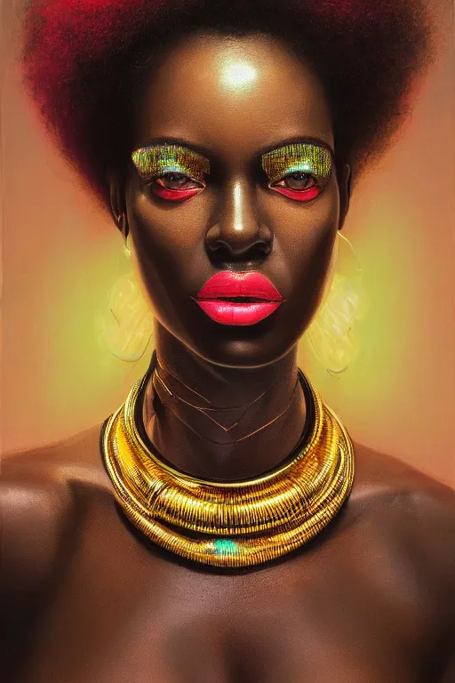 Prompt: detailed portrait of a beautiful African female with face augmentations, strong neon lighting, Afrofuturism, extravagant mechanical gold jewelry, by glenn fabry, hyper realistic, HD, oil on canvas