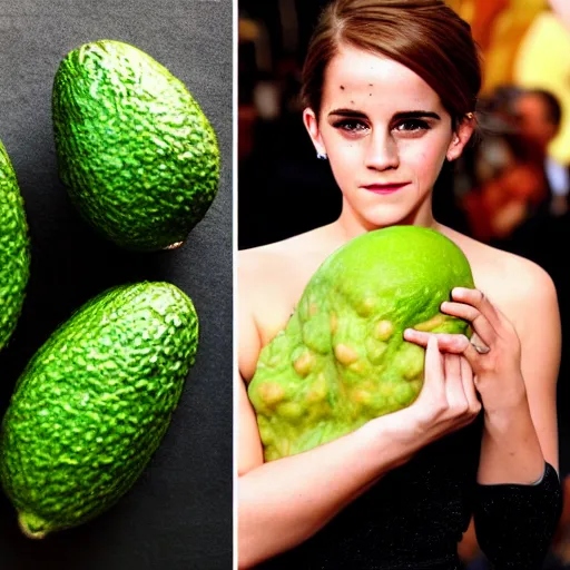 Image similar to photograph of emma watson with avocado - colored skin, anthropomorphic, photoshop