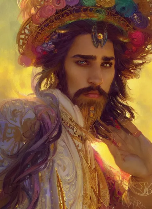 Image similar to a beautiful detailed painting of a gypsy male bard in colorful rainbow firion ornate robes robes, pale skin, white hair, yellow eyes, master of dreams art by jon foster trending on artstation painted by greg rutkowski, painted by stanley artgerm