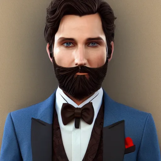 Image similar to a highly detailed portrait of a man, with a brown short beard and hair, blue eyes, wearing a tuxedo, artstation, deviantart, professional, unreal engine 5, photorealistic