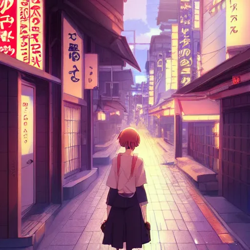 Image similar to a beautiful girl with dark hair walking down a japanese style street, ambient lighting, dynamic lighting, 4k, official media, anime key visual, makoto shinkai, ilya kuvshinov, rossdraws, detailed, trending on artstation