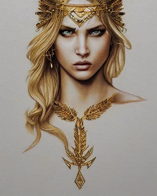 Image similar to tattoo design sketch of hot blonde super model as aphrodite greek goddess wearing a gold laurel wreath and triangle earrings, beautiful piercing gaze with sharp pupils, in the style of greg rutkowski, fantasy, amazing detail, epic, elegant, smooth, sharp focus, front view