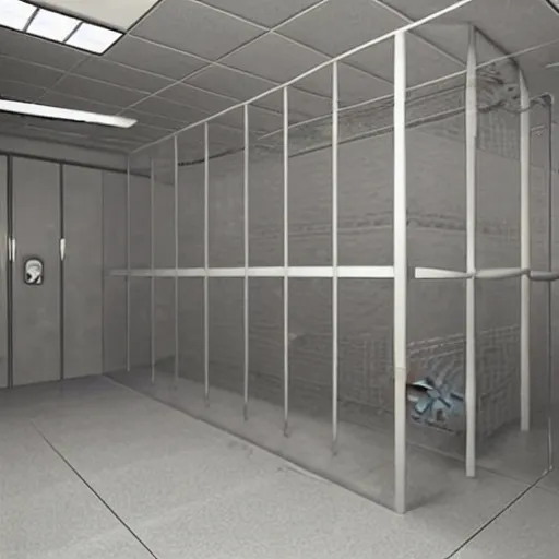 Image similar to a jail cell with restraints on the walls, futuristic, horror, disturbing, creepy