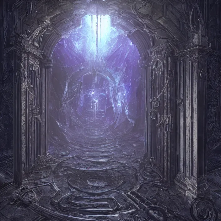 Prompt: ominous mysterious dark etherial gate in the void, midnight, quiet and serene, deviantart, hall of mirrors, official art, concept art, intricate high detail masterpiece