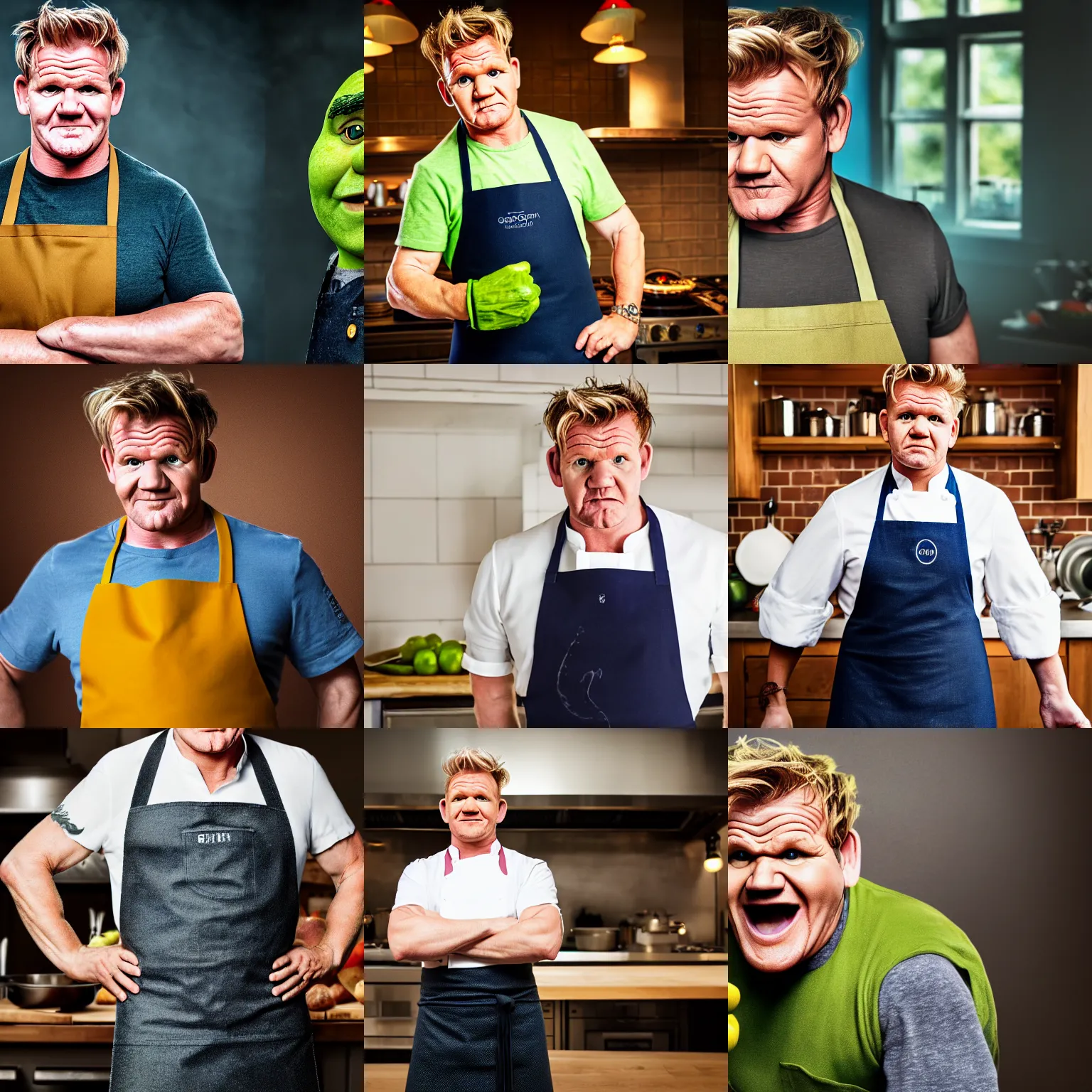 Prompt: portrait photography of gordon ramsay as shrek, wearing an apron, in the kitchen, 4 k, ultra detail, depth of field, bokeh