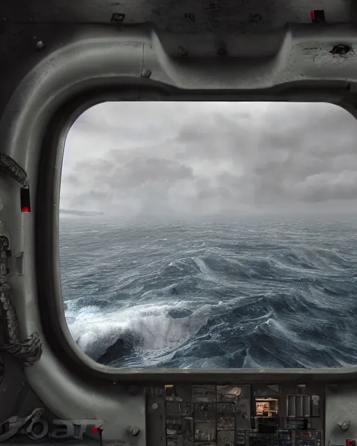 Image similar to view from an aircraft carrier of stormy seas, stormy weather, unreal engine, hyper realism, realistic shading, cinematic composition, realistic render, octane render, detailed textures, photorealistic, ultrawide shot, 16mm lens