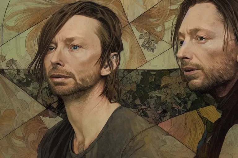 Image similar to hyper realistic portrait of thom yorke singer songwriter, side, liminal space, by lee bermejo, alphonse mucha and greg rutkowski