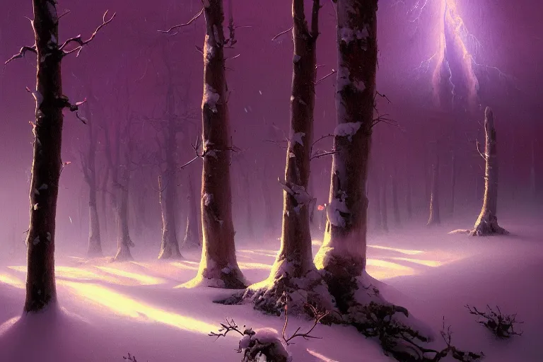 Image similar to a beautiful oil painting of a valley covered in snow, trees with purple, thunderstorm in the sky, blue lighting, gloomy, atmospheric lighting, detailed, beautiful!!, purple bioluminescence, by greg rutkowski, trending on artstation