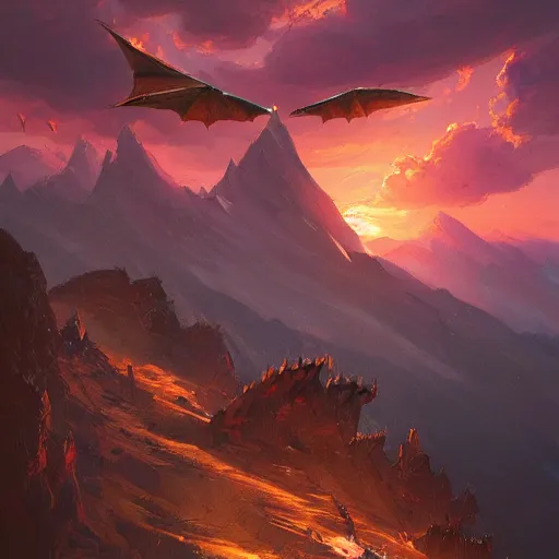 Prompt: a beautiful painting of a mountain with dragons flying in the sky at sunset by by greg rutkowski, trending on artstation.