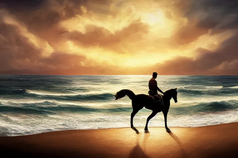 Image similar to photo of man riding a horse along the beach, glowing underwater waves toward a lighthouse in the distance guiding his way, silhouette, wide horizon, large white clouds, night, intricate, elegant, highly detailed, digital painting, artstation, concept art, smooth, sharp focus, illustration, art by artgerm and greg rutkowski and fra angelico