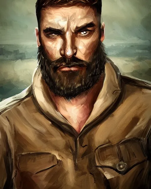 Image similar to portrait of muscular, tired and alcoholic 3 0 - year - old grieving man with short darkblonde hair, serious sad look in his eyes, looking down, dirty beard, blue eyes, crying tears, wearing dirty soldier uniform, on the desert, sad atmosphere, hyper realistic face, character art, art by artgerm, cryengine, trending on artstation, digital art